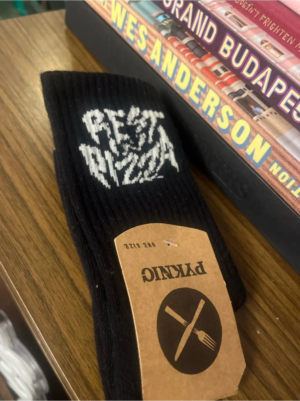 Black Crew Socks with White Graphic “Rest In Pizza”